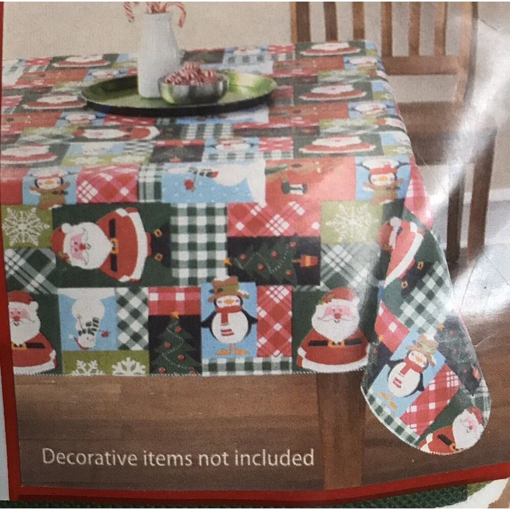 Christmas Holiday Vinyl Tablecloth 52 inch x 70 inch Rectangle Patchwork New